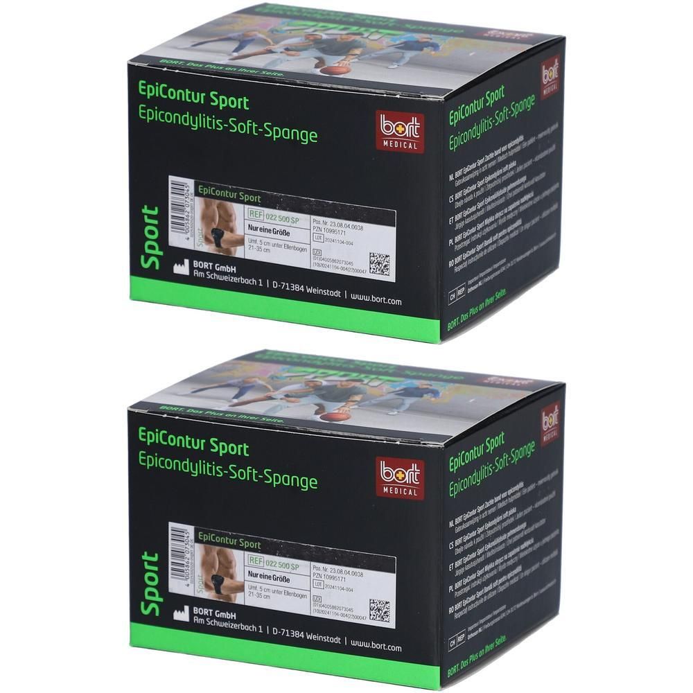 Twee verpakkingen BORT EpiContur® Sport softspalk voor epicondylitis.