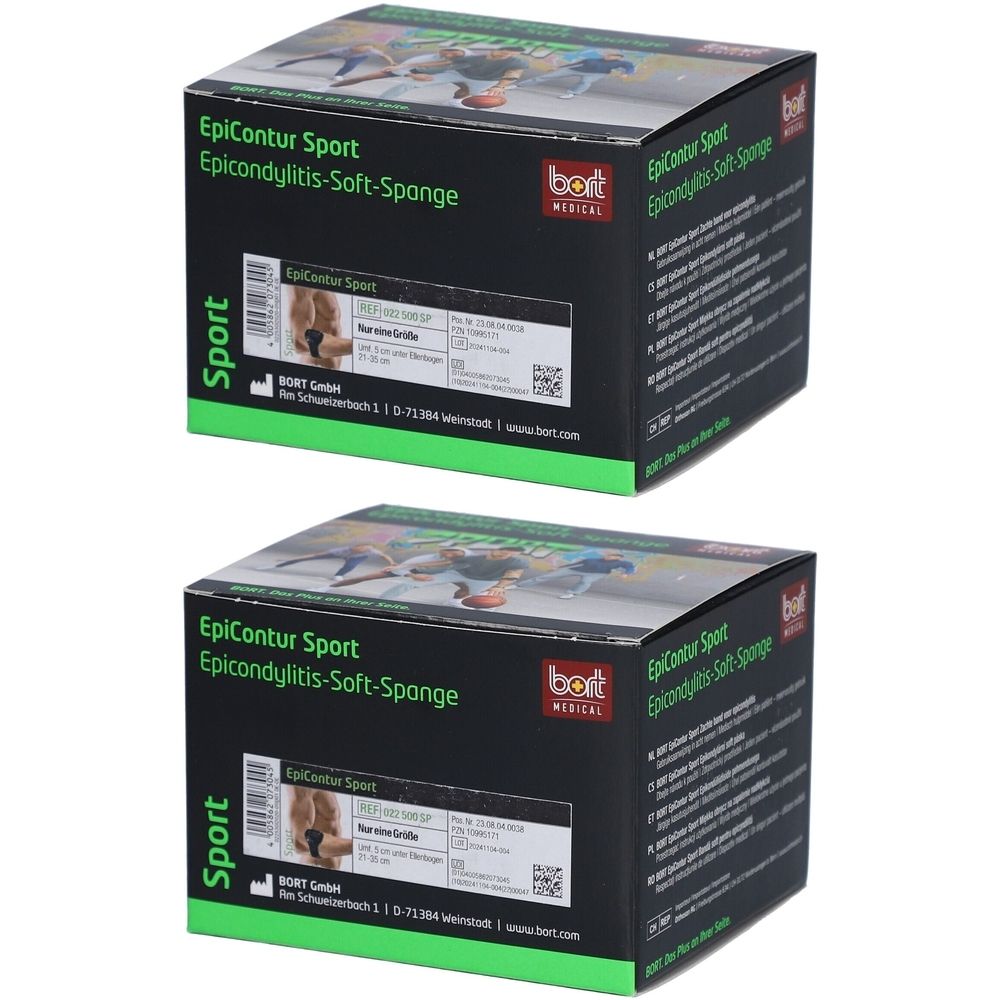 Twee verpakkingen BORT EpiContur® Sport softspalk voor epicondylitis.