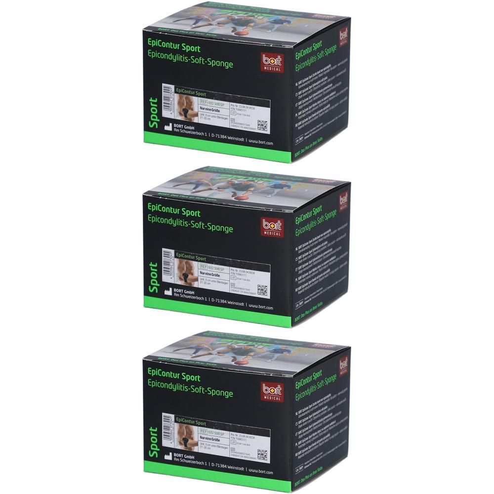 Drie dozen BORT EpiContur® Sport Epicondylitis-Soft-Sponge, op elkaar gestapeld.