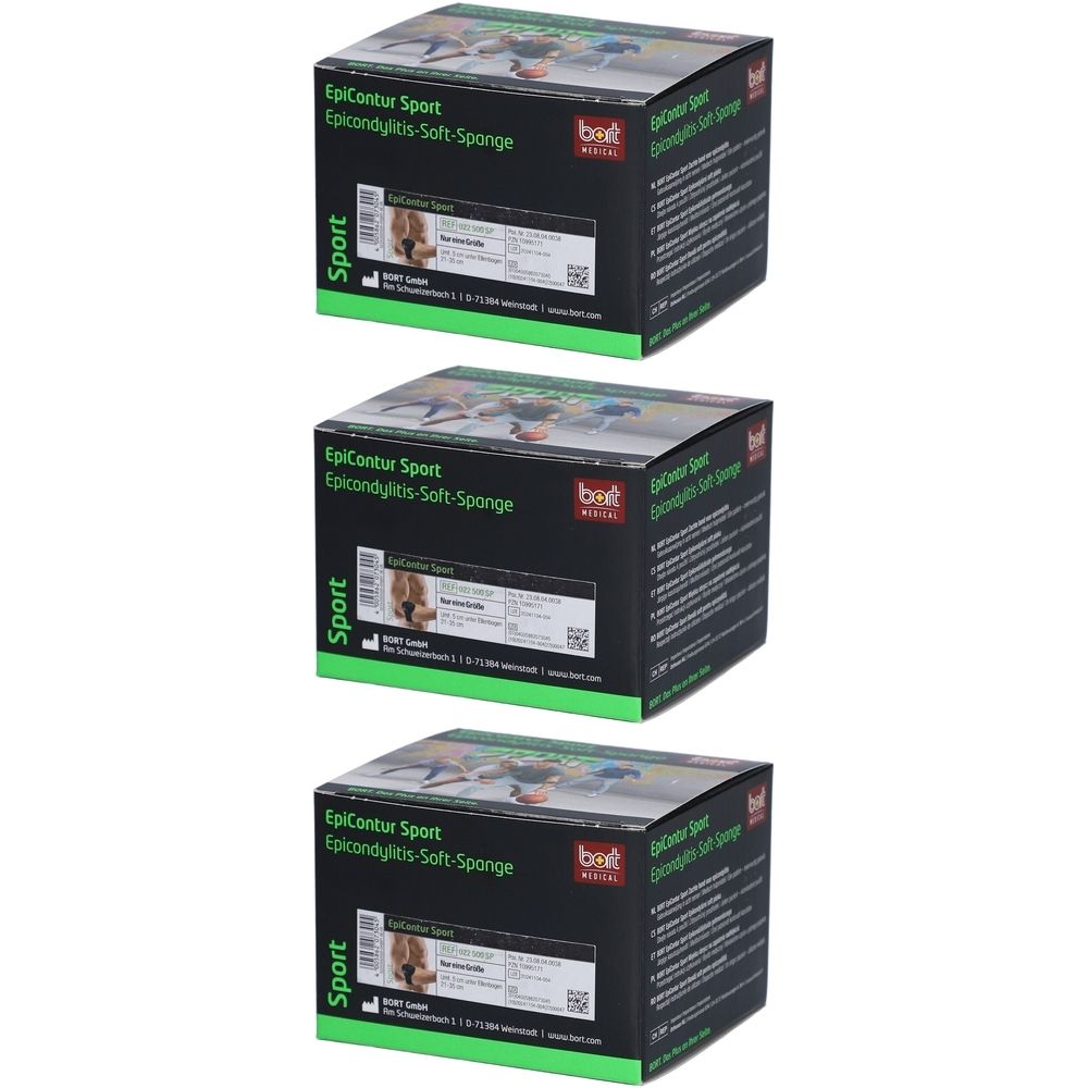 Drie dozen BORT EpiContur® Sport Epicondylitis-Soft-Sponge, op elkaar gestapeld.