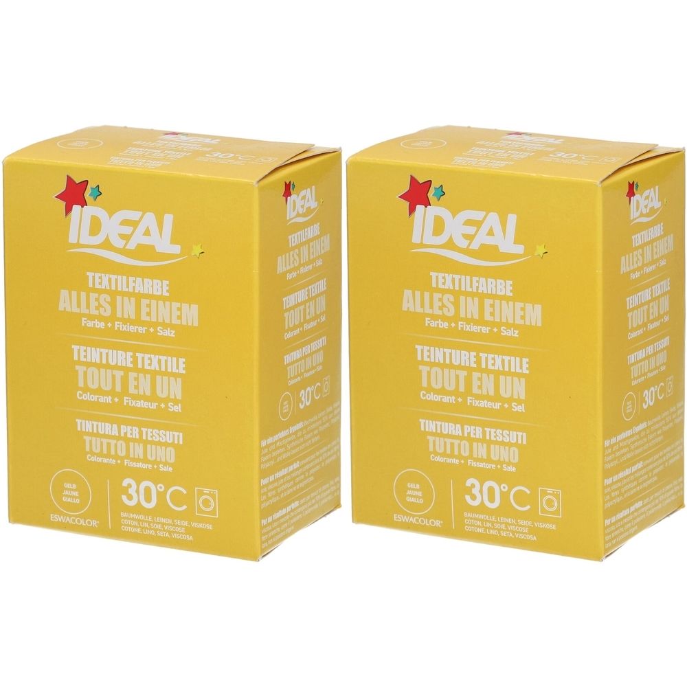 Deux boîtes jaunes avec texte. Inscription: IDEAL Textilfarbe, Alles in Einem, 30°C. Produit pour machines à laver.