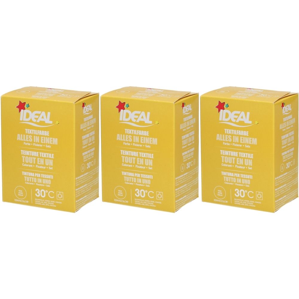 Trois boîtes jaunes avec l'inscription IDEAL Textilfarbe. Inscription : ALLES IN EINEM, TEINTURE TEXTILE, TOUT EN UN, TINTURA PER TESSUTI, 30°C.