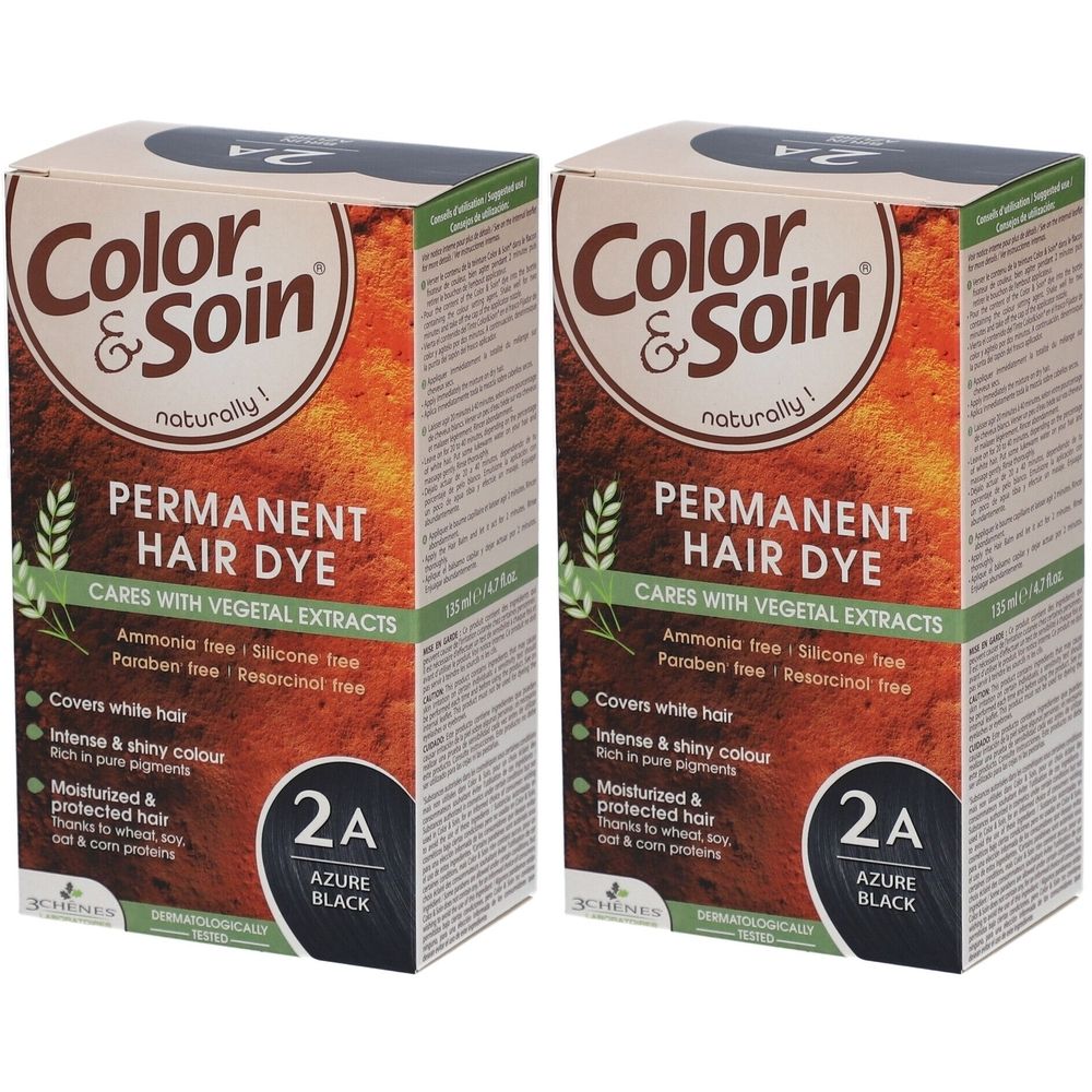 Deux boîtes de Color & Soin. Teinture permanente pour cheveux, 2A Azure Black. Contient des extraits végétaux.
