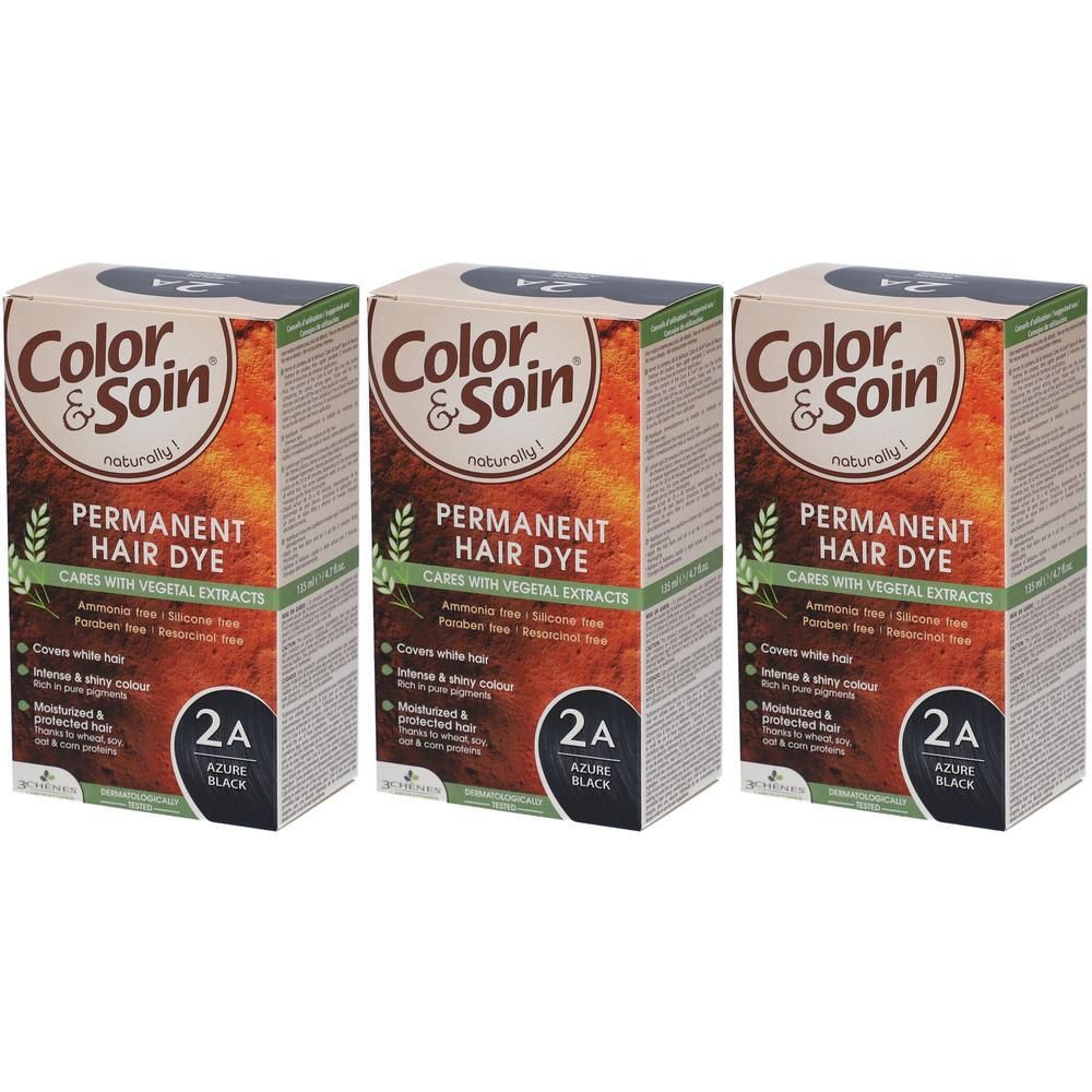 Trois boîtes de Color & Soin 2A Noir Azure. Emballage avec informations produit et logo de la marque.