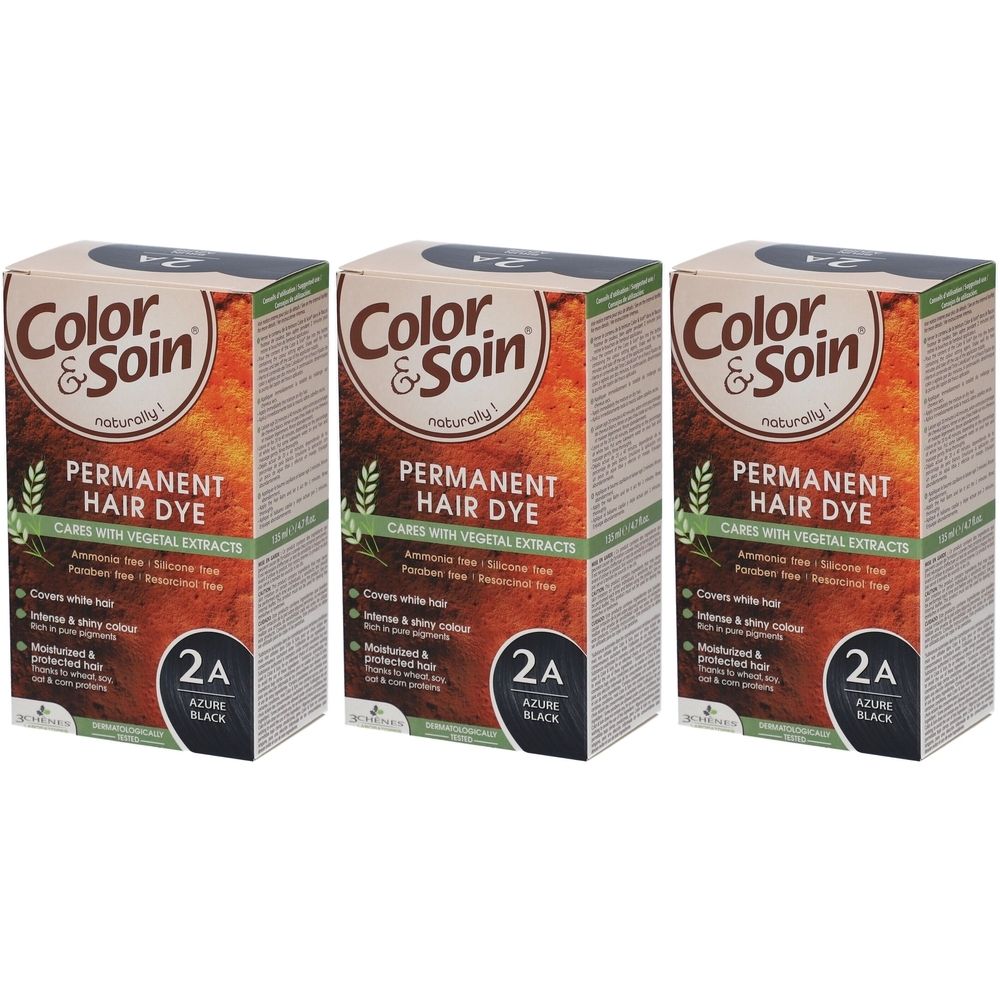 Drie dozen Color & Soin haarverf 2A Azure Black. Doos met productinformatie en merklogo.