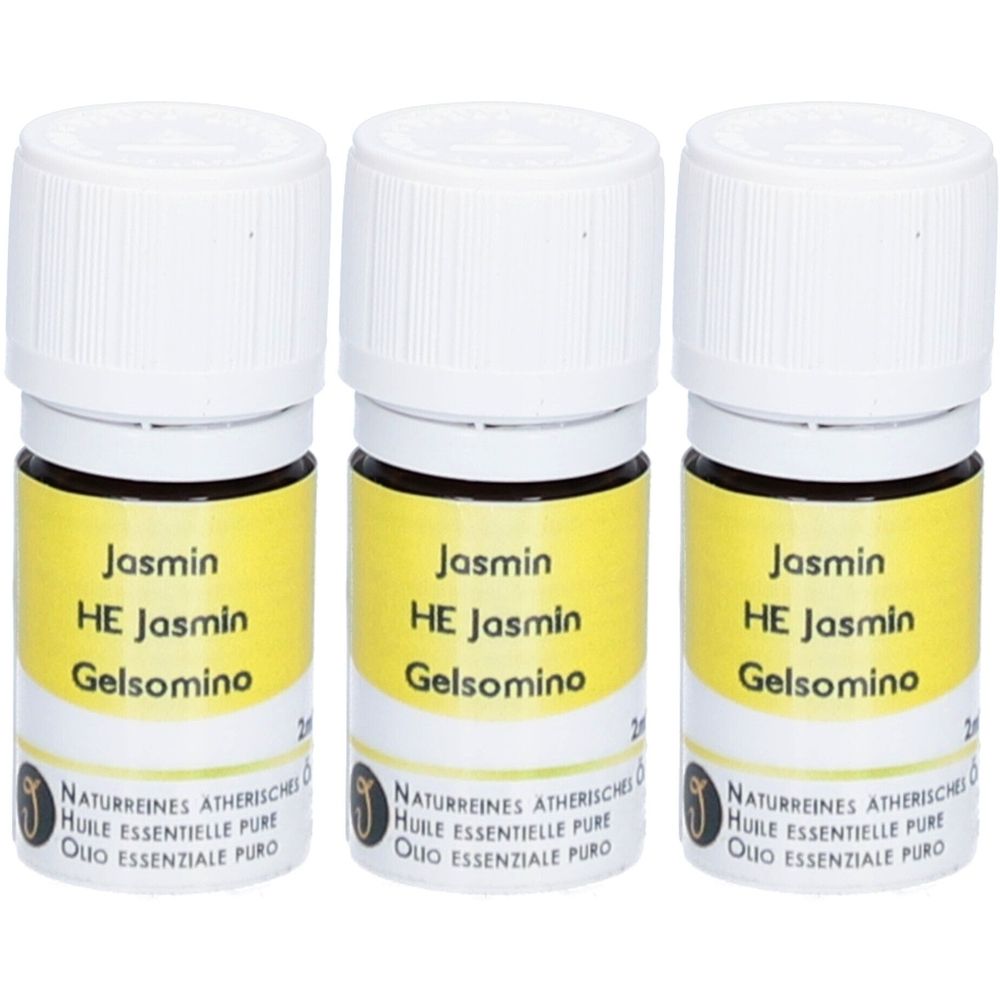 Trois petites bouteilles avec bouchons blancs et étiquettes jaunes. L'étiquette indique "Jasmin HE Jasmin Gelsomino".