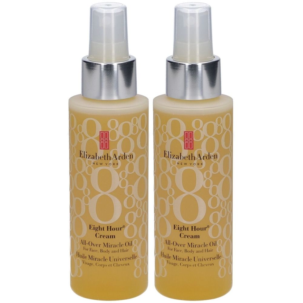 Twee flessen met verstuiver. Opschrift: Elizabeth Arden Eight Hour Cream All-Over Miracle Oil. Gele vloeistof, zilveren dop.