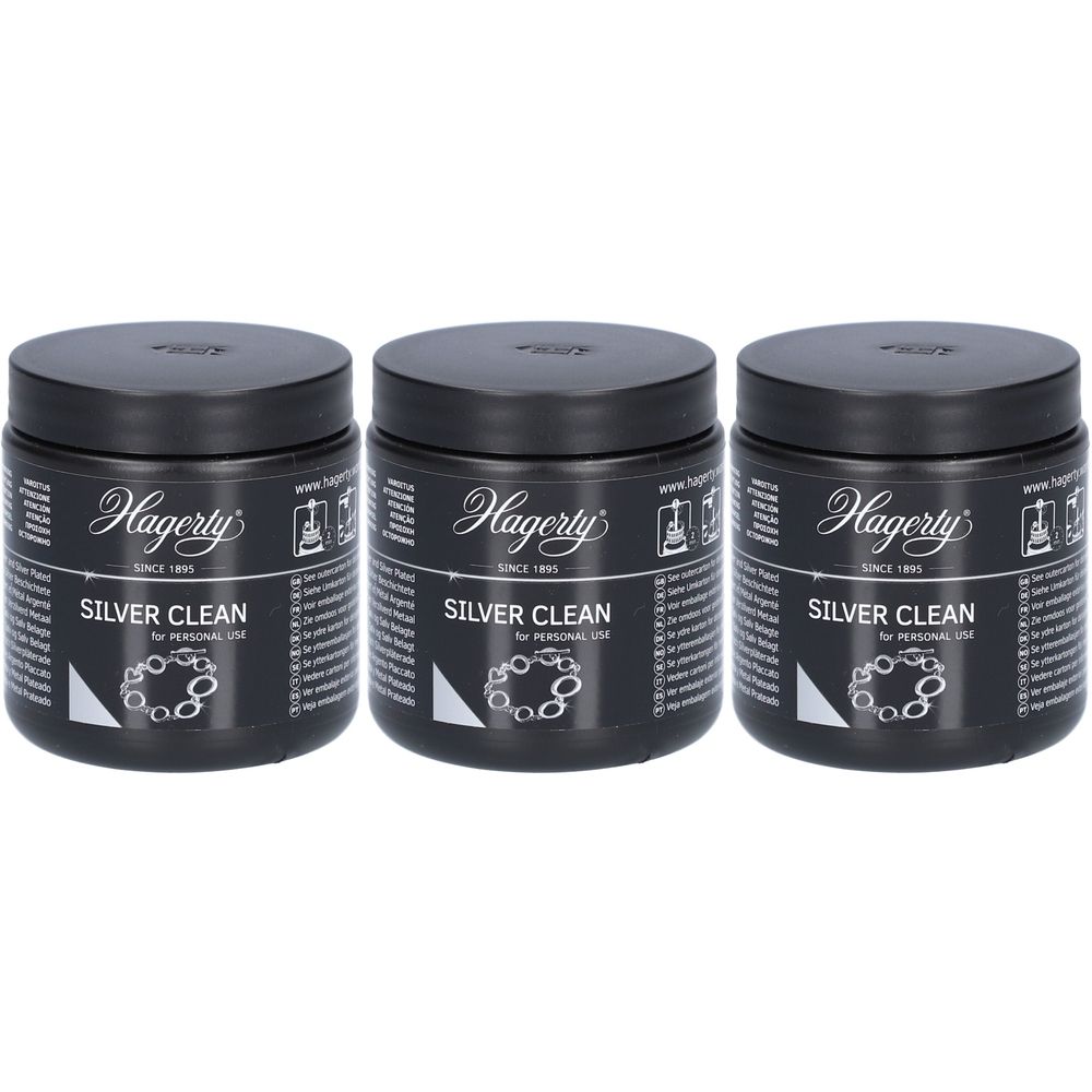 Trois pots noirs avec couvercles. Inscription Hagerty Silver Clean. Pour argent et métal argenté.