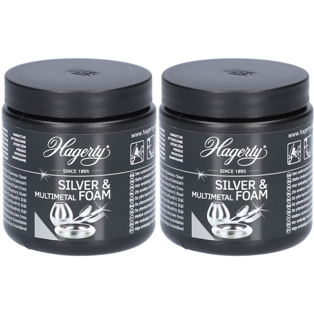 Twee zwarte potten met deksels. Opschrift Hagerty Silver & Multimetal Foam. Logo en tekst in zilver. Opschrift Since 1895.