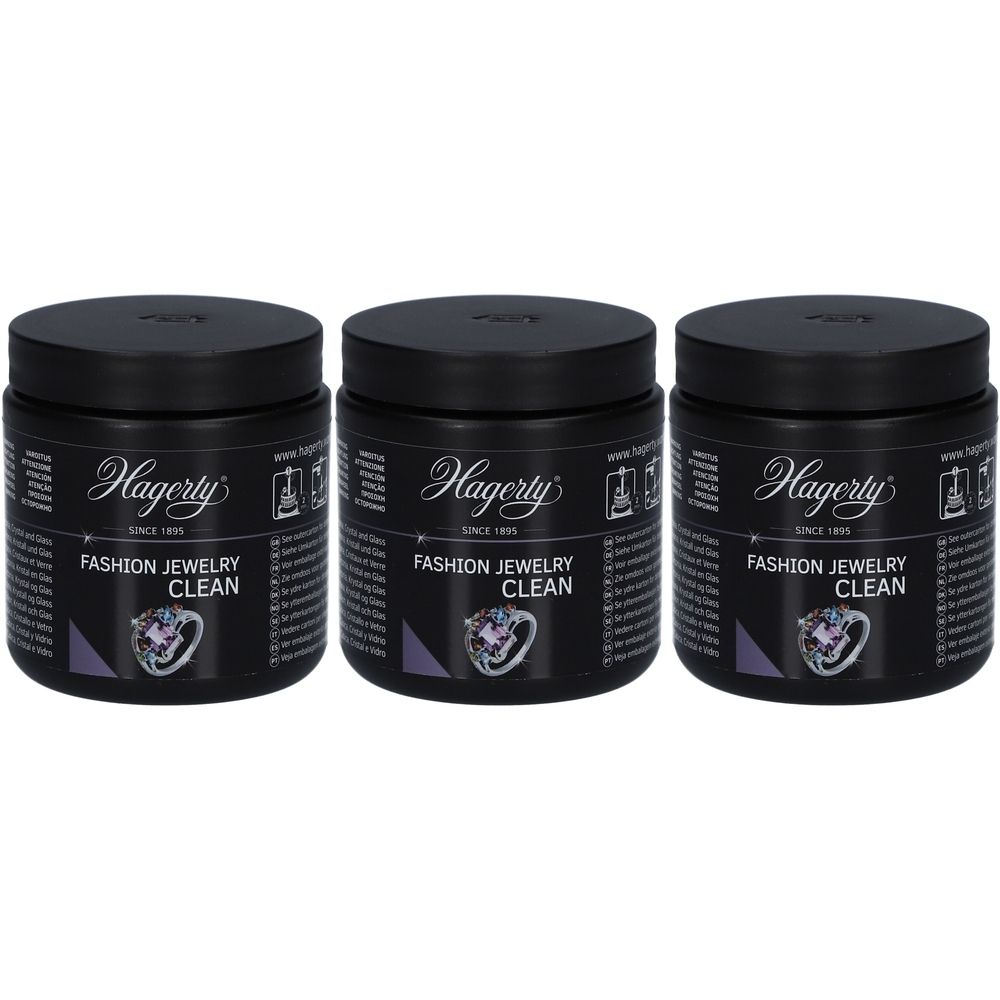 Trois pots noirs avec couvercles. Inscription Hagerty, Fashion Jewelry Clean. Image d'une bague. Texte latéral.