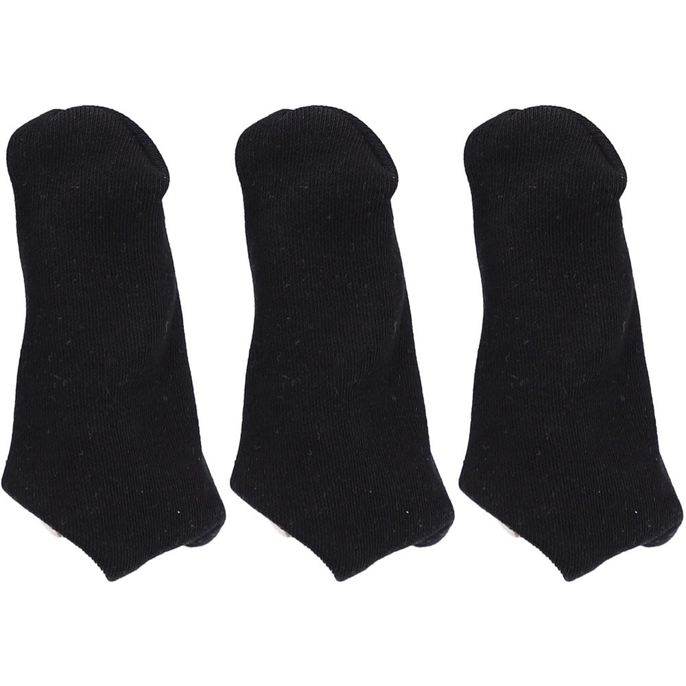 Drie zwarte gebreide vingerhoedjes. Ze zijn langwerpig, met een afgeronde punt en een open basis.