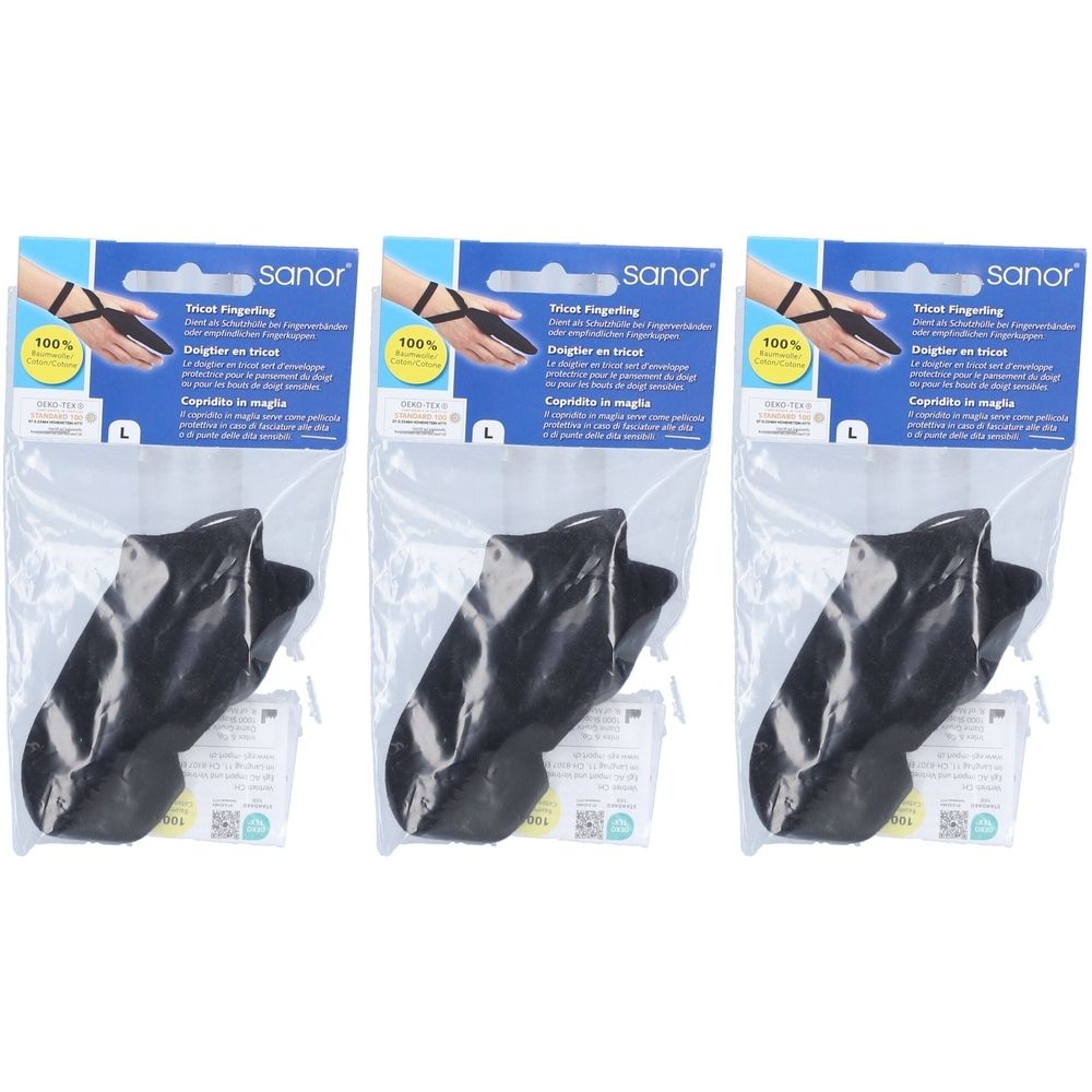 Drie zwarte gebreide vingerhoedjes in plastic verpakking. Op de verpakking staat "SANOR" en "Tricot Fingerling". Maat L.