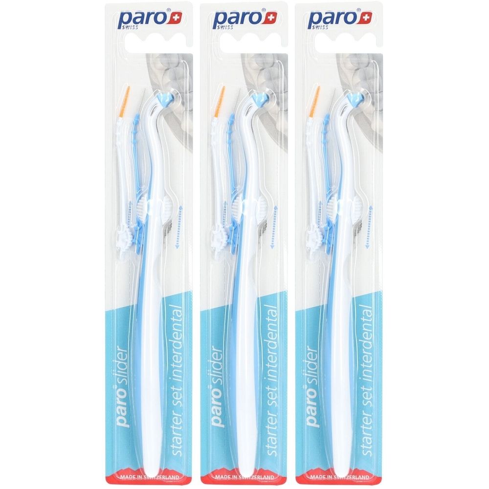 Trois kits de démarrage interdentaires paro®. Manches blancs, accents bleus, emballage transparent. Inscription : paro® slider, starter set interdental.
