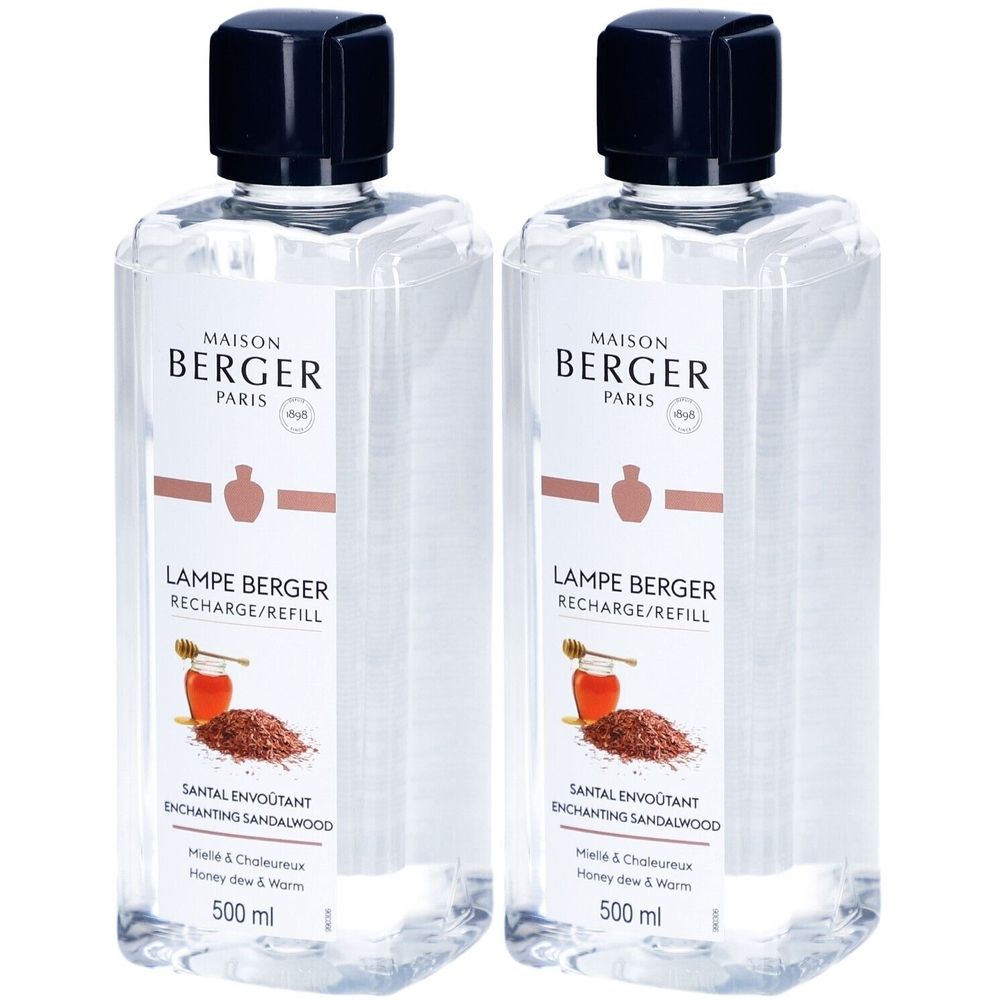 Deux flacons avec bouchon noir. Inscription: Maison Berger Paris, Lampe Berger Recharge/Refill, Santal Envoutant, 500 ml.