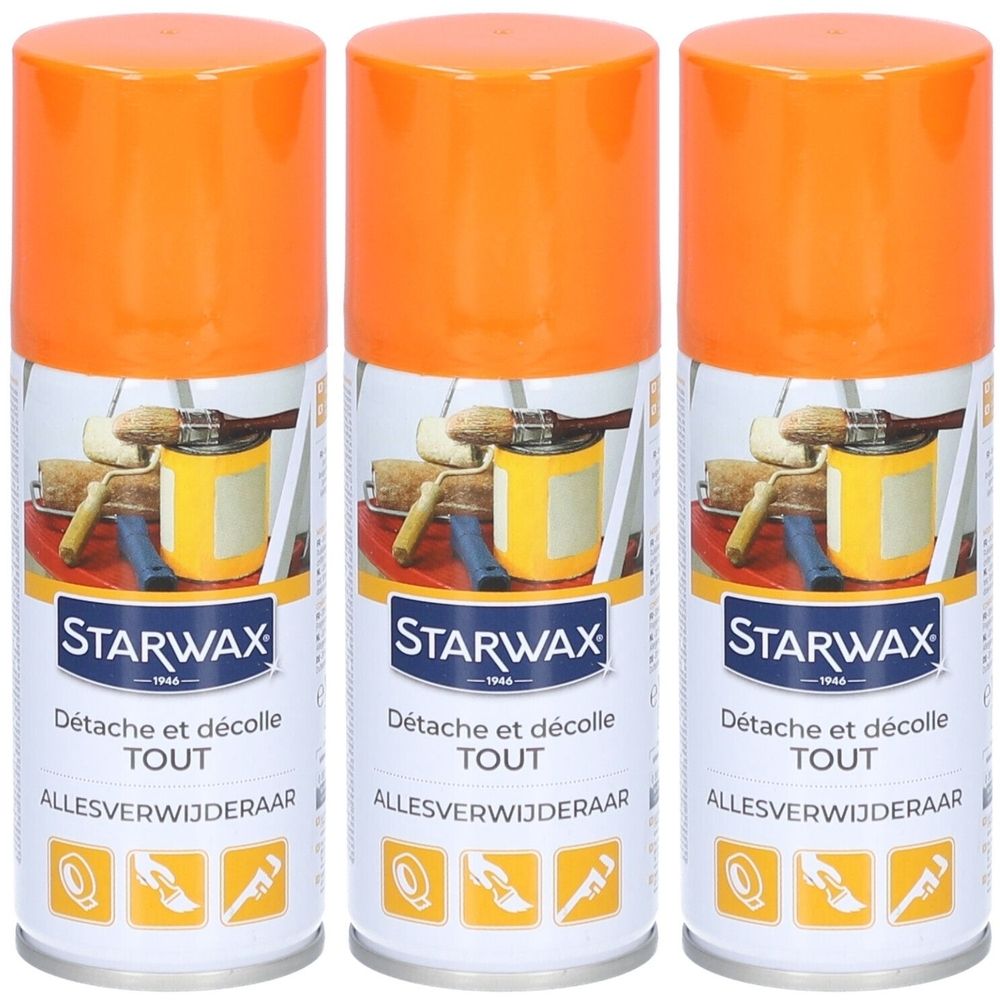 Trois sprays avec bouchons orange. Inscription : STARWAX, Détache et décolle TOUT, ALLESVERWIJDERAAR. Illustrations de pinceaux et de peinture.