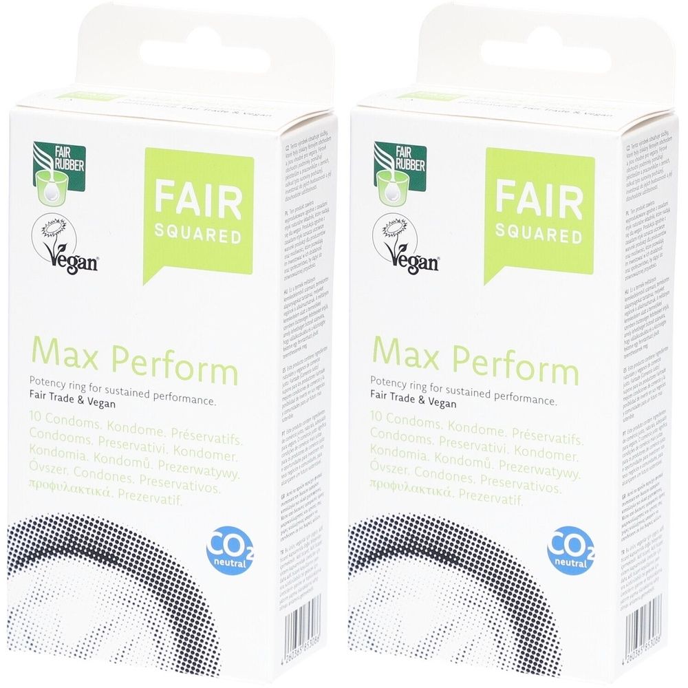 Twee witte dozen met groene accenten. Opschrift: FAIR SQUARED, Max Perform, Vegan-zegel. CO2-neutraal.