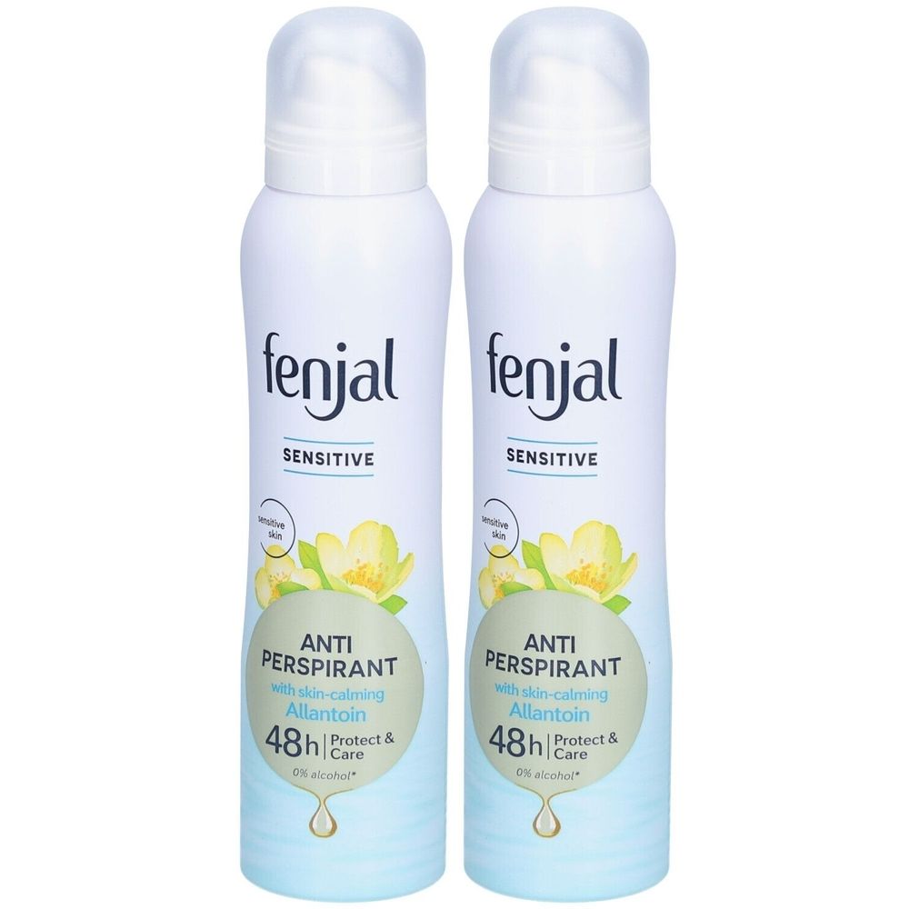 Twee witte deodorant sprays met de tekst "fenjal". Opschrift "SENSITIVE", "ANTI PERSPIRANT" en "48h". Met bloemmotief.
