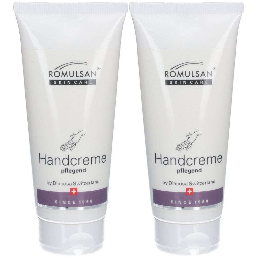 Twee tubes handcrème. Opschrift: ROMULSAN SKIN CARE, Handcreme pflegend, by Diacosa Switzerland, SINCE 1960.