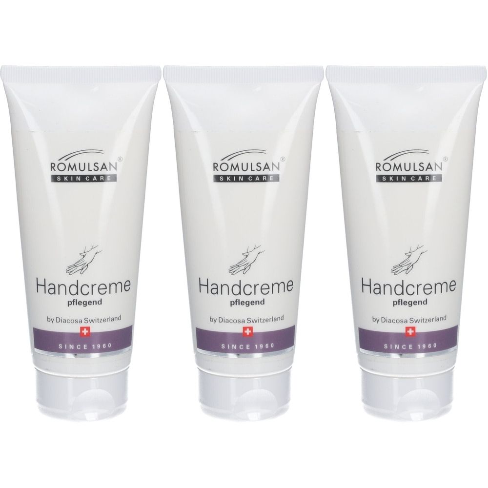 Trois tubes blancs de crème pour les mains. Chaque tube porte l'inscription "ROMULSAN SKIN CARE", "Handcreme pflegend" et "by Diacosa Switzerland".