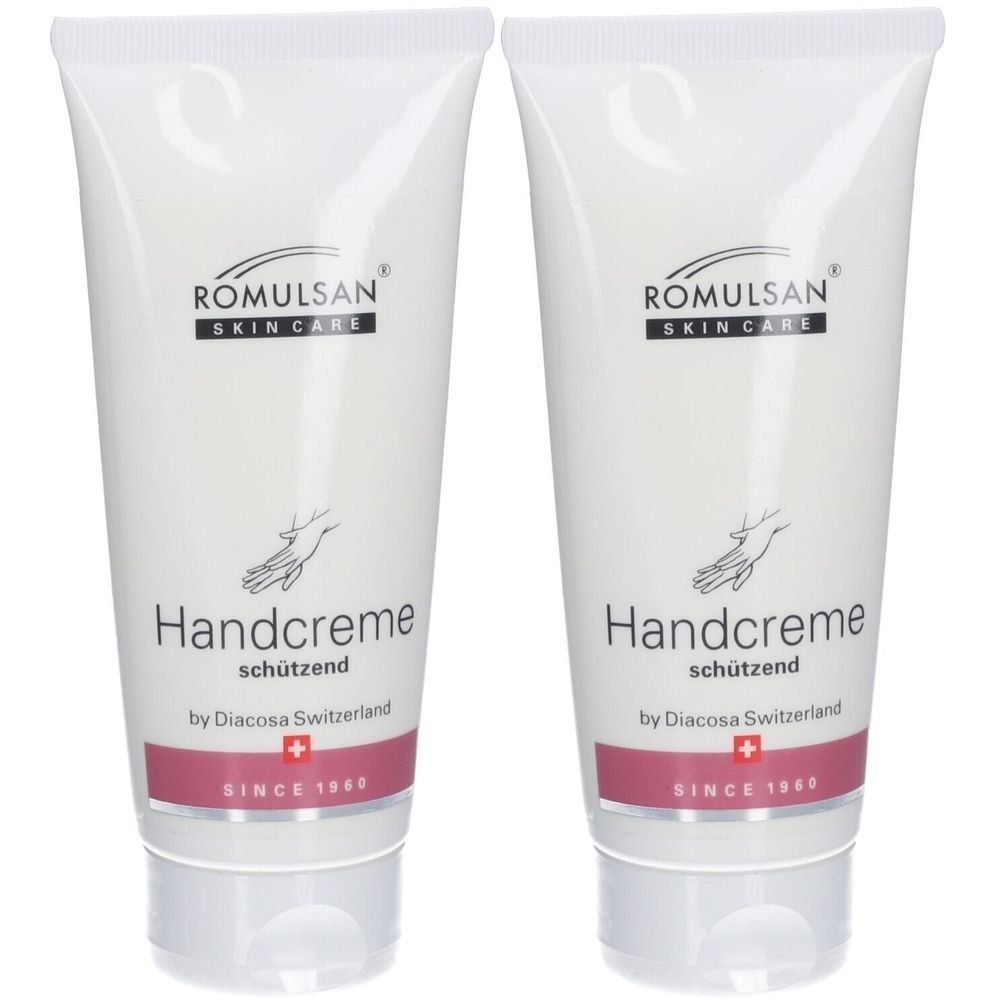 Deux tubes de crème pour les mains. Inscription: ROMULSAN SKIN CARE, Handcreme schützend, by Diacosa Switzerland, SINCE 1960.