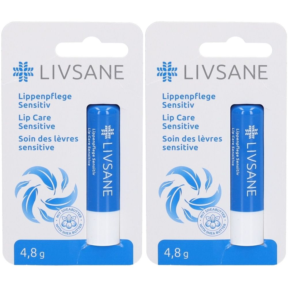 Twee lippenbalsemstiften in blisterverpakking. Blauwe stiften met wit uiteinde. Opschrift: LIVSANE, Lippenpflege Sensitiv.
