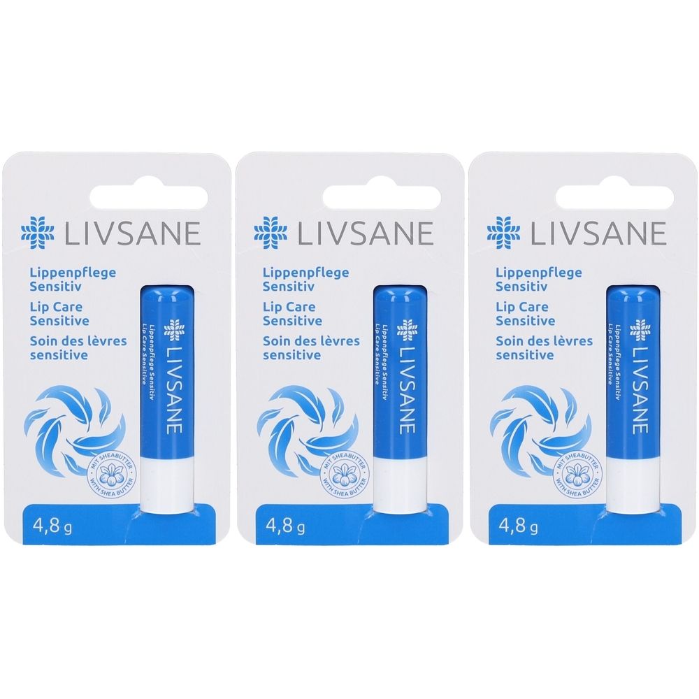 Trois sticks à lèvres dans un emballage blister. Bâtons bleus avec couvercle blanc. Inscription : LIVSANE Lip Care Sensitive. 4,8 g.