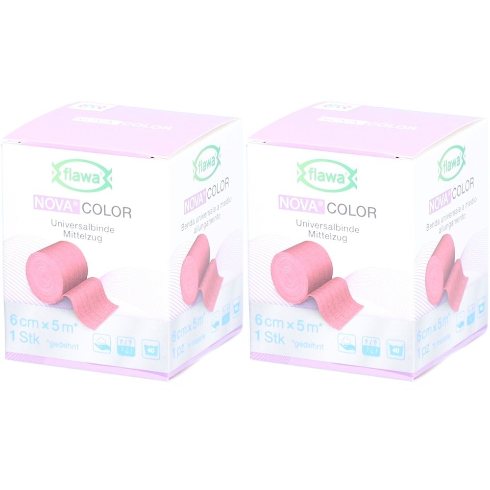 Twee pakken Flawa Nova Color verband, 6cmx5m, in roze.