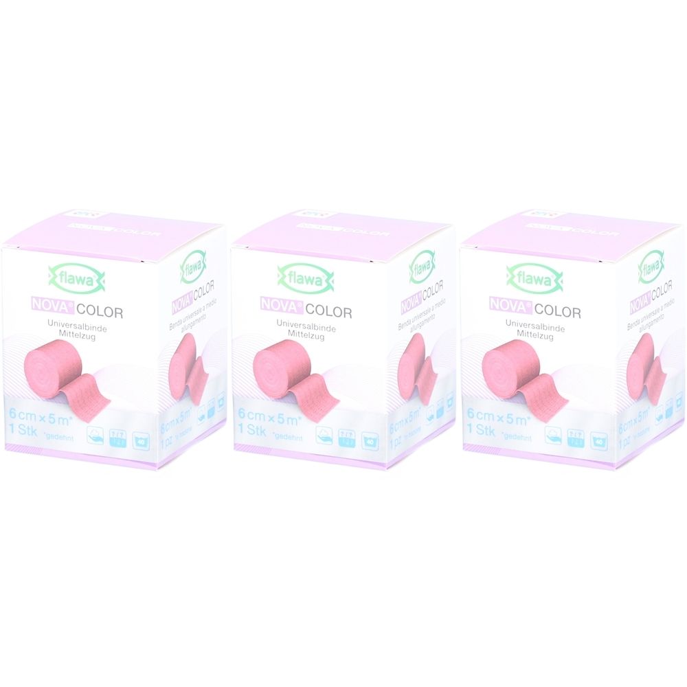 Trois paquets de pansement Flawa Nova Color, 6cm x 5m, couleur rose.