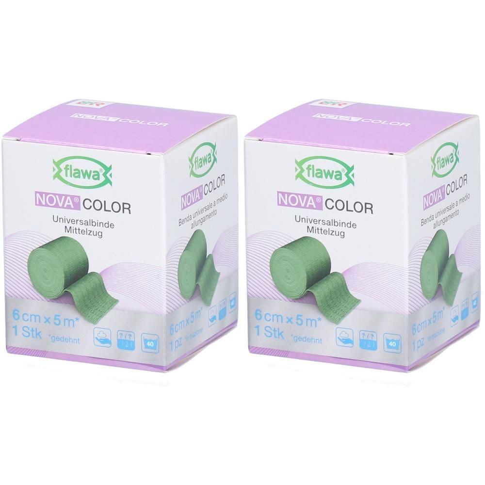 Twee pakken Flawa Nova Color universele verbanden, 6cmx5m, groen.