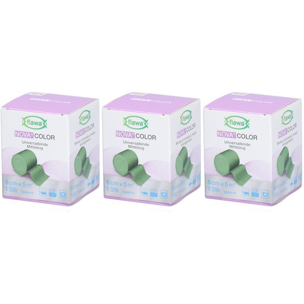 Trois paquets de Flawa Nova Farbe Vert bandages universels, 6cmx5m.