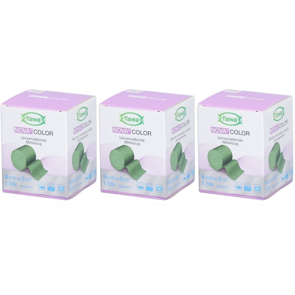 Trois paquets de Flawa Nova Farbe Vert bandages universels, 6cmx5m.