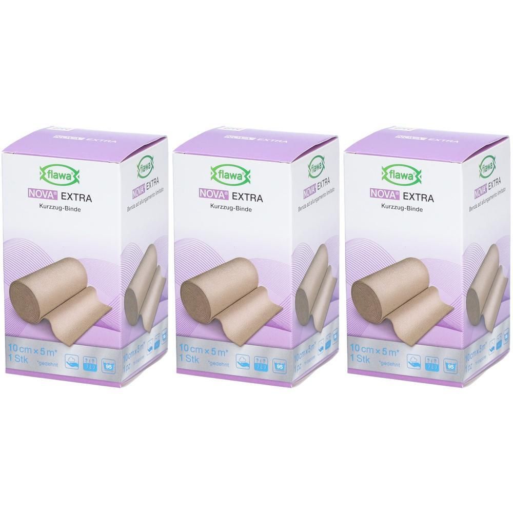 Drie pakken Flawa Nova Extra zwachtel, 10cmx4,5m.