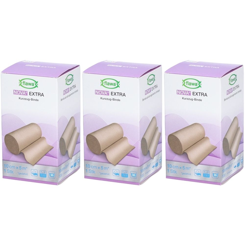 Trois paquets de bande Flawa Nova Extra, 10cmx4,5m.