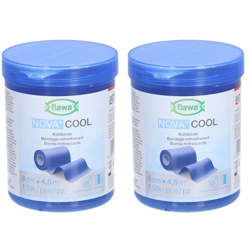 Twee blauwe potten met Flawa Nova Cool koelbandages, elk 8cm x 4,5m.