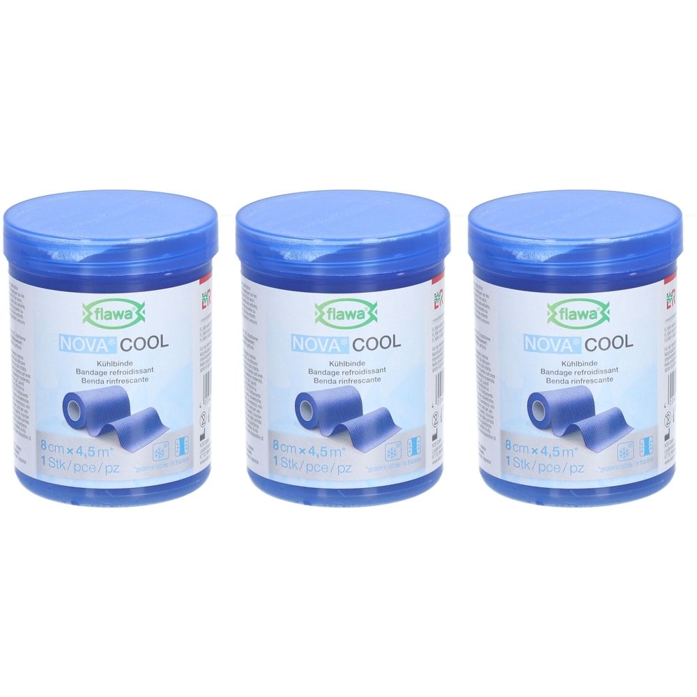 Trois contenants bleus de bandages rafraîchissants Flawa Nova Cool, 8cm x 4,5m.