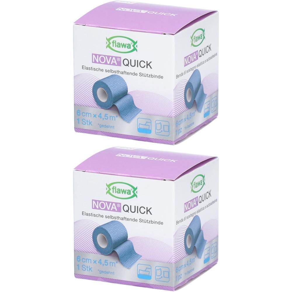 Twee pakken FLAWA NOVA QUICK elastische zelfklevende steunbanden, blauw, 6 cm x 4,5 m.