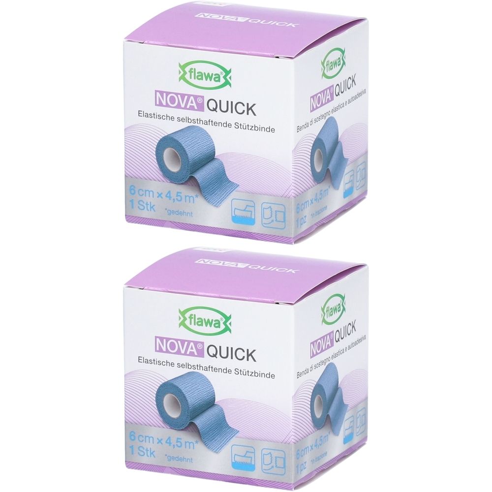 Deux paquets de bandes de soutien auto-adhésives élastiques FLAWA NOVA QUICK, bleues, 6 cm x 4,5 m.