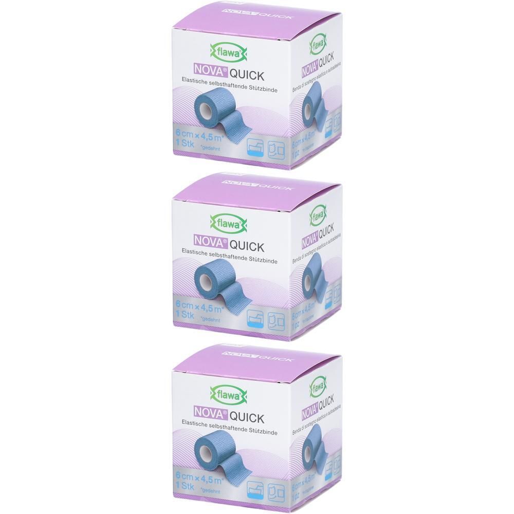 Drie dozen FLAWA Nova Quick elastisch steunverband, blauw, 6 cm x 4,5 m.