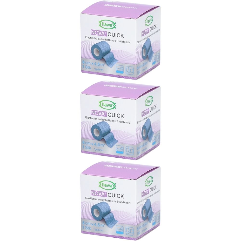 Trois boîtes de bande de soutien élastique FLAWA Nova Quick, bleue, 6 cm x 4,5 m.