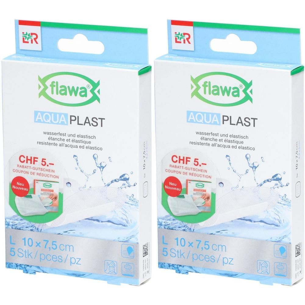 Twee pakken Flawa Aqua Plast pleisters, waterdicht en elastisch, L 10x7,5cm, 5 stuks per pak.