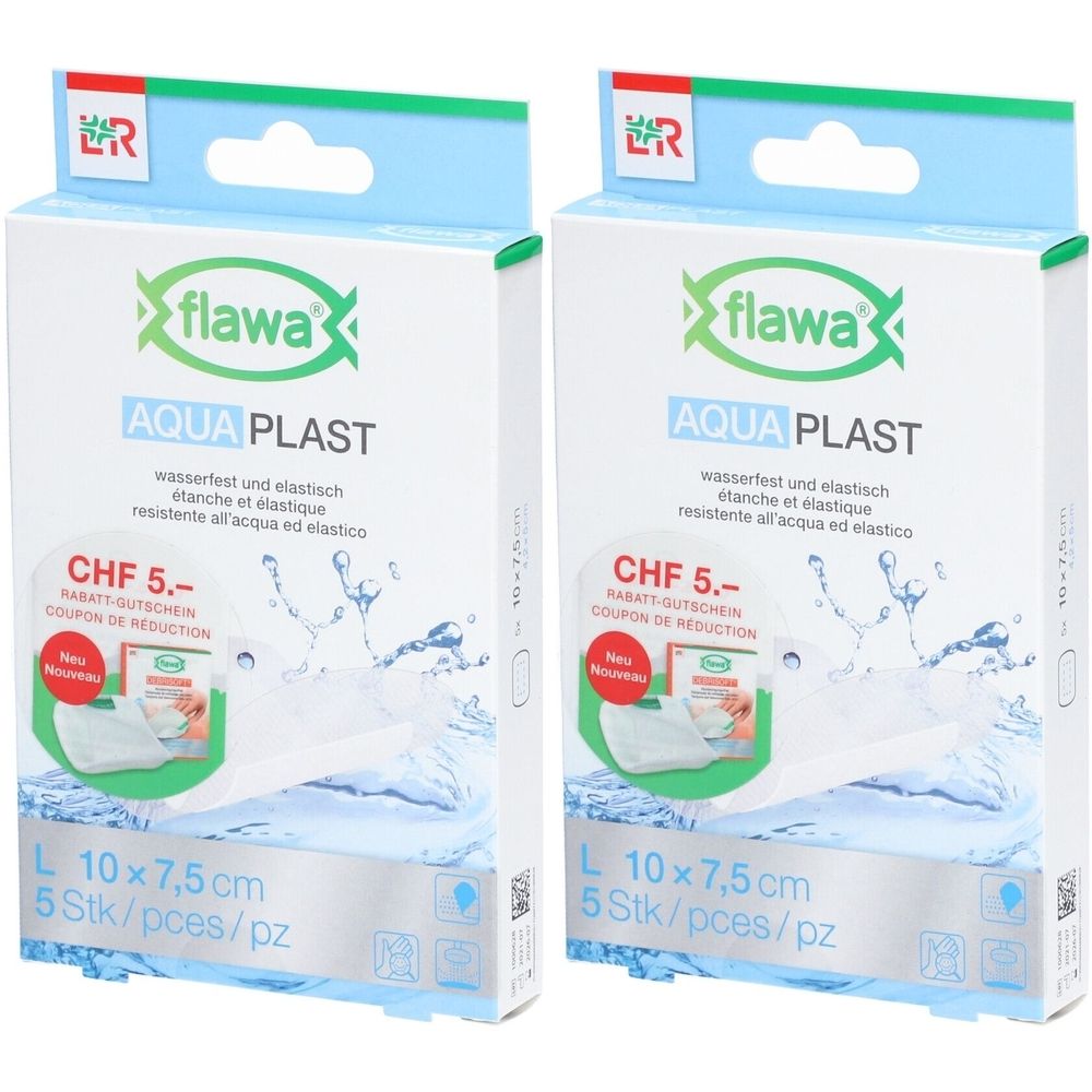 Twee pakken Flawa Aqua Plast pleisters, waterdicht en elastisch, L 10x7,5cm, 5 stuks per pak.