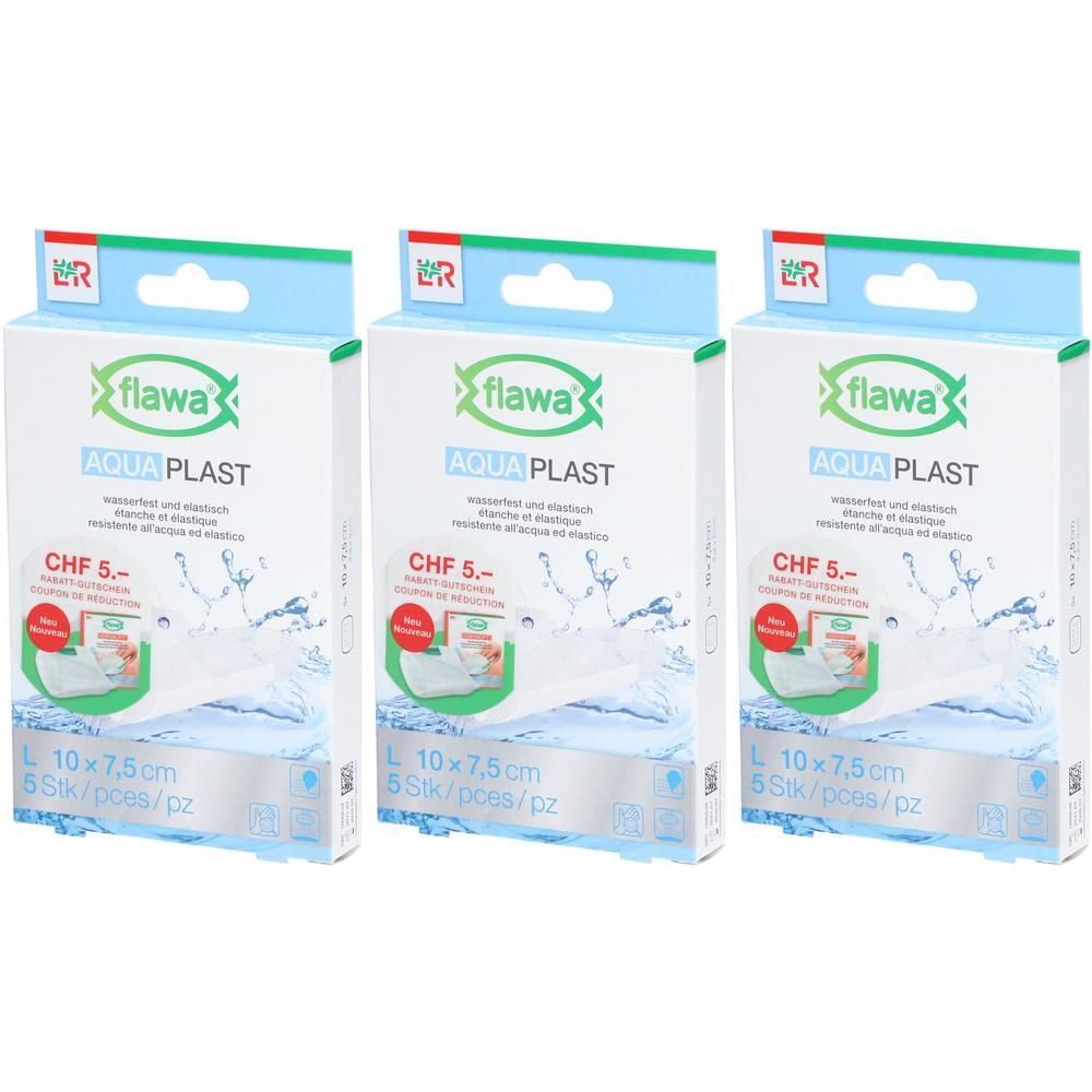 Trois paquets de pansements Flawa Aqua Plast, 10x7,5cm, 5 pièces par paquet.