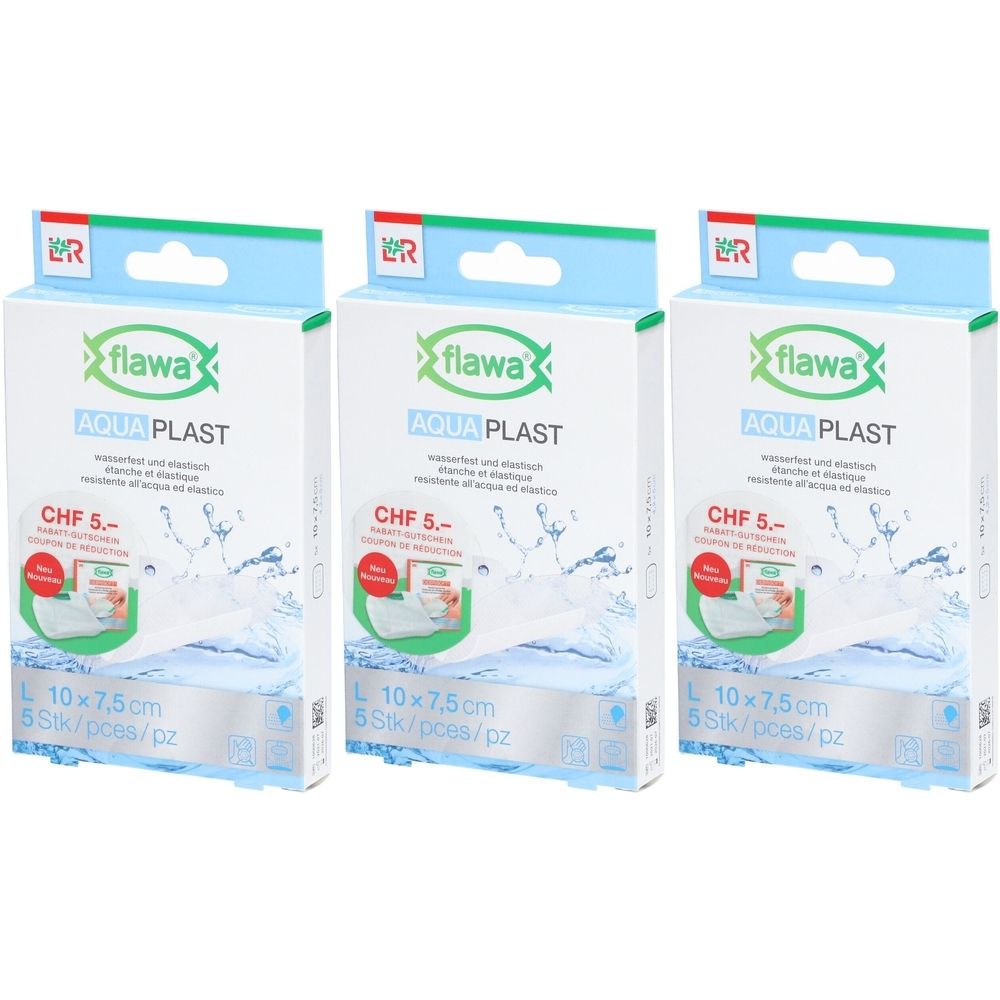 Drie pakken Flawa Aqua Plast pleisters, 10x7,5cm, 5 stuks per pak.