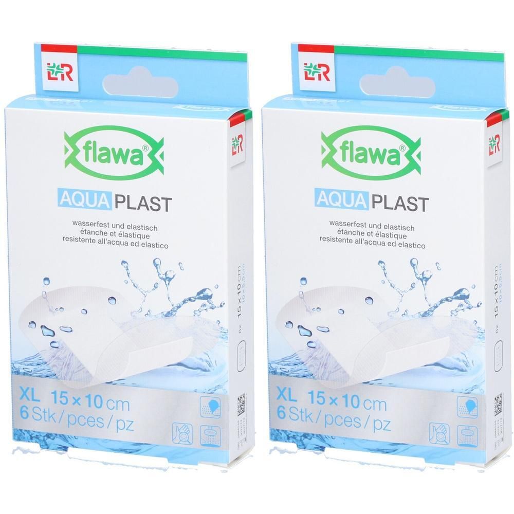 Deux paquets de pansements Flawa Aqua Plast, XL, 15x10 cm, 6 pièces par paquet. Imperméable et élastique.