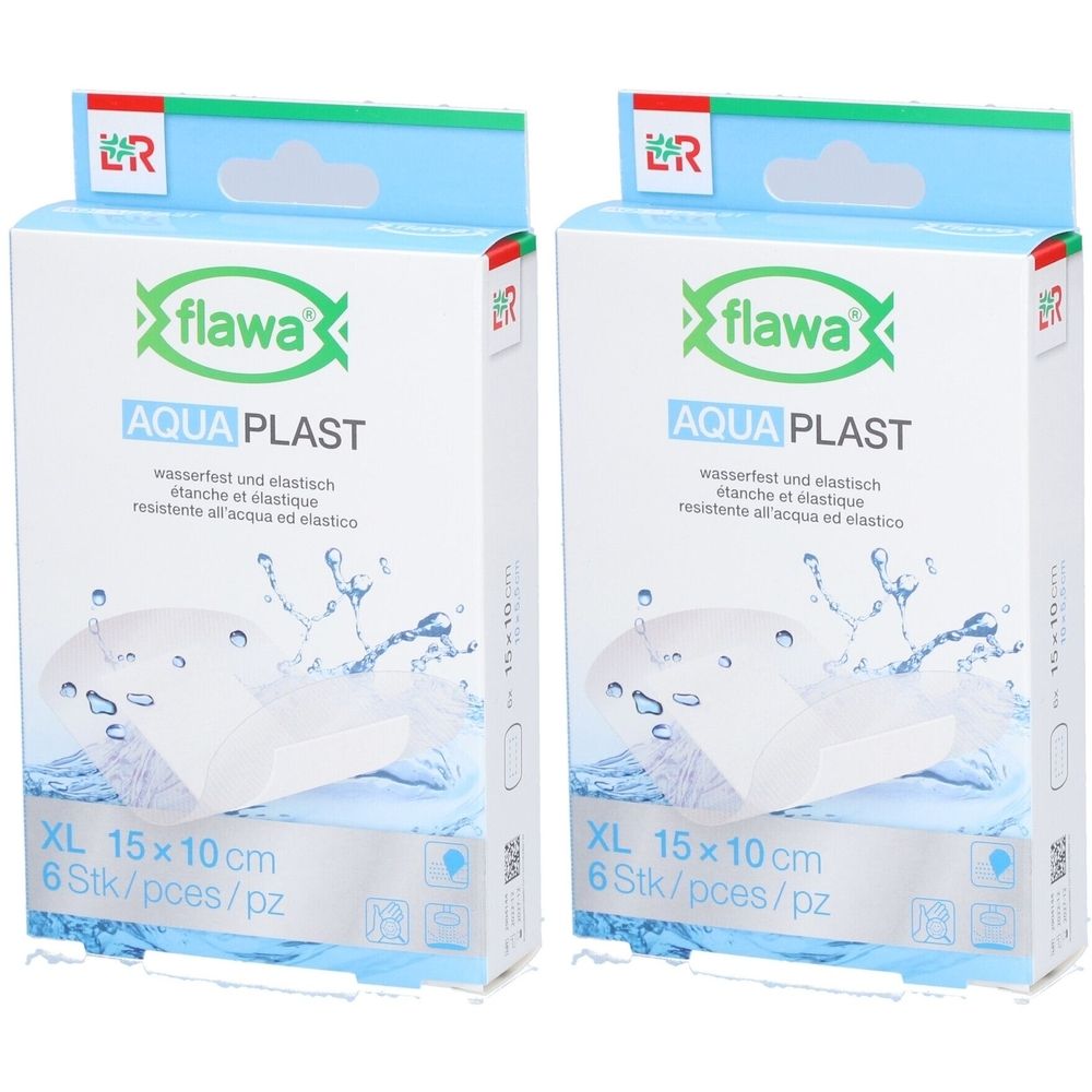 Twee pakken Flawa Aqua Plast pleisters, XL, 15x10 cm, 6 stuks per pak. Waterdicht en elastisch.