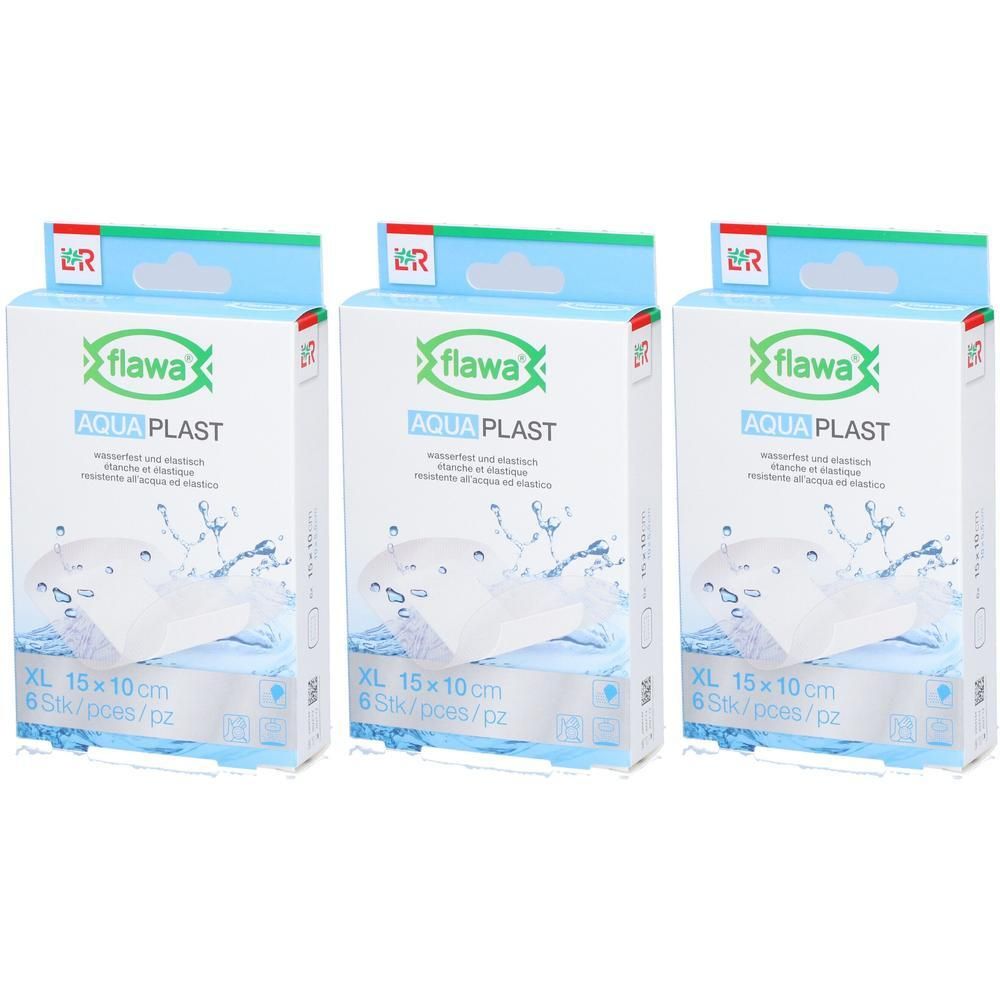 Drie pakken Flawa Aqua Plast pleisters, XL, 15x10cm, 6 stuks per pak.