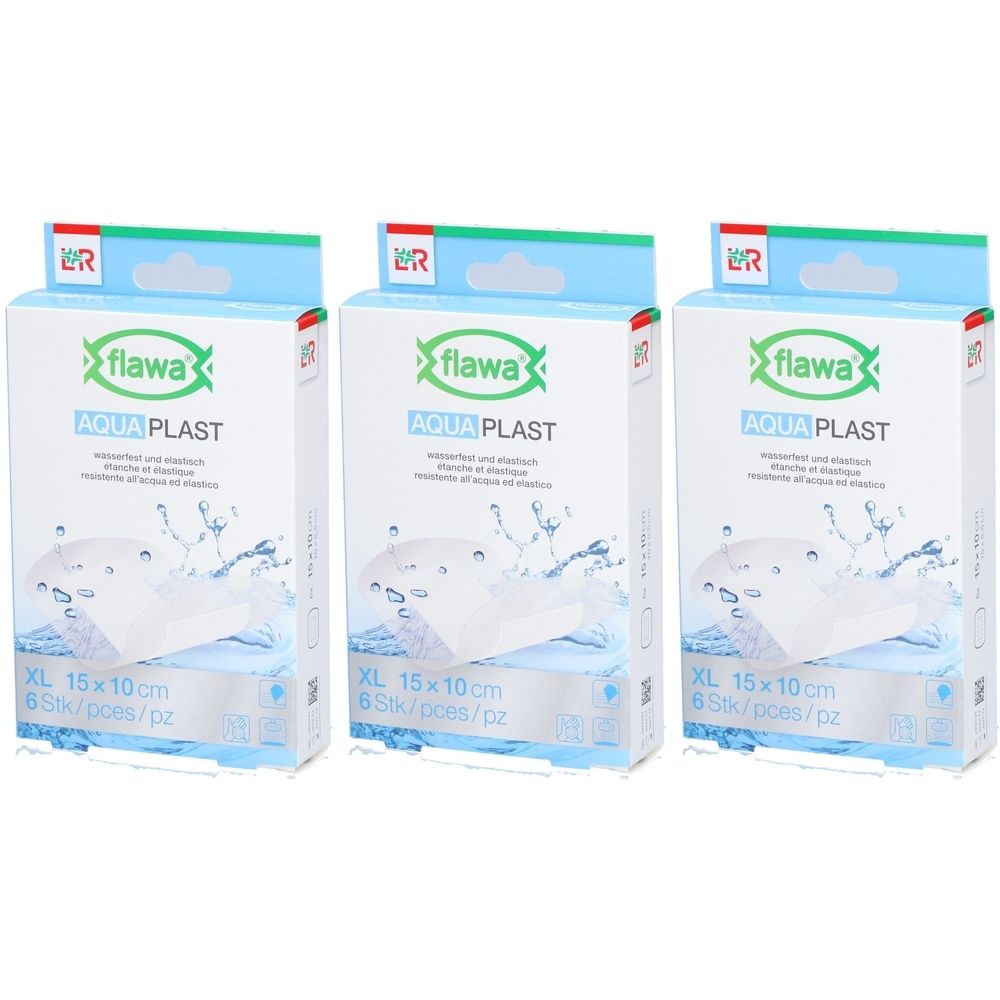 Trois paquets de pansements Flawa Aqua Plast, XL, 15x10cm, 6 pièces par paquet.