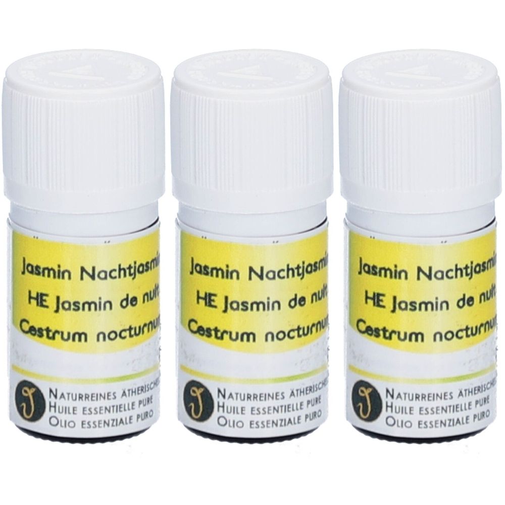 Trois petites bouteilles blanches avec des étiquettes jaunes. Les étiquettes indiquent "Jasmin Nachtjasmin" et d'autres lignes de texte en plusieurs langues.
