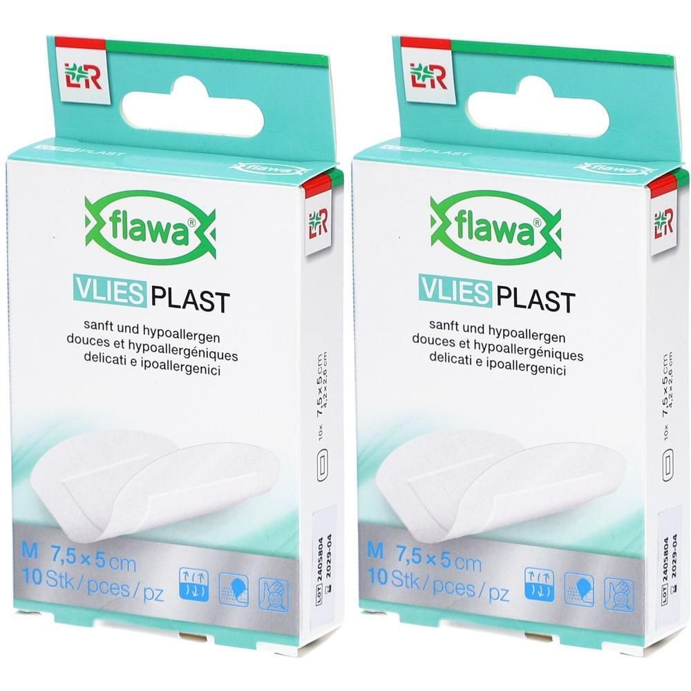 Deux paquets de pansements flawa Vlies Plast, taille M (7,5x5cm), 10 pièces par paquet. Hypoallergénique.