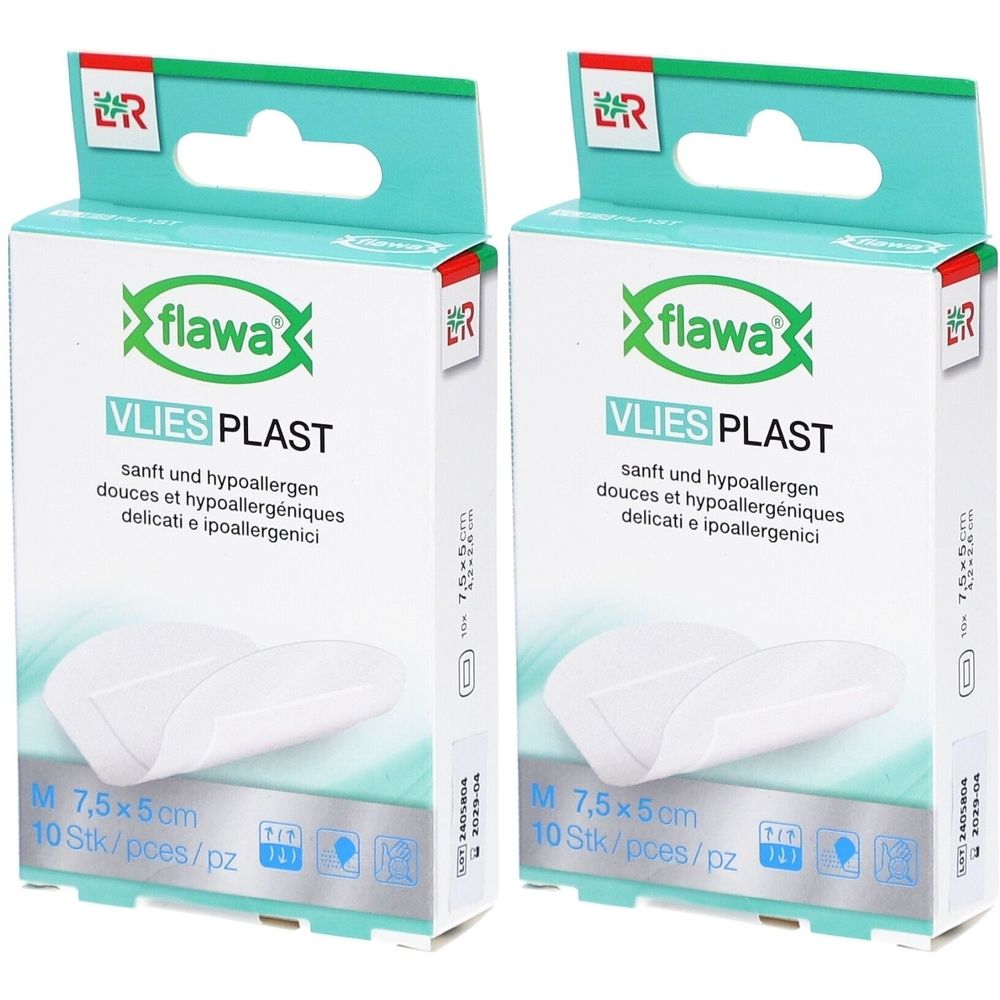 Deux paquets de pansements flawa Vlies Plast, taille M (7,5x5cm), 10 pièces par paquet. Hypoallergénique.